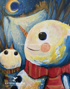 Close-up image of two snowmen looking up at a crescent moon in the sky. © Lorraine Shulba